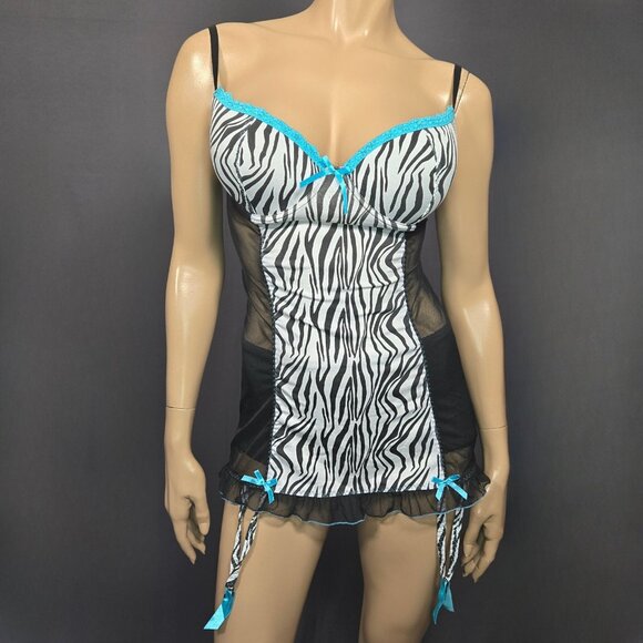 Y2K Zebra Print Lingerie slip Mini Dress With Garters 36C L Trashy Mcbling - Picture 1 of 11